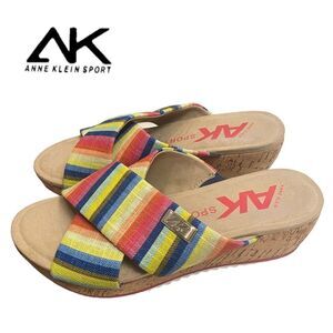 Anne Klein Sport Multicolor Stripe Wedge Sandals — Yellow Blue Red